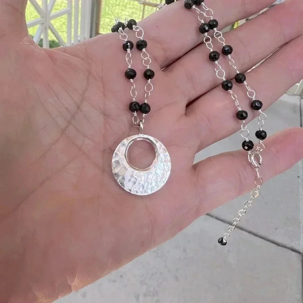 Black Spinel Necklace,Hill Tribe Silver,Hammered Disc Hoop